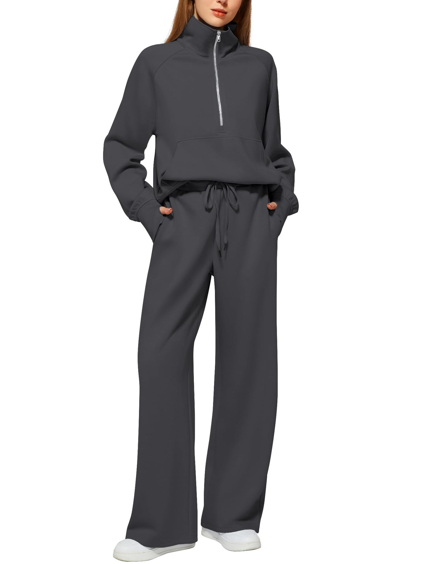 Half Zip Long Sleeve Sweatshirt And Wide Leg Pants
