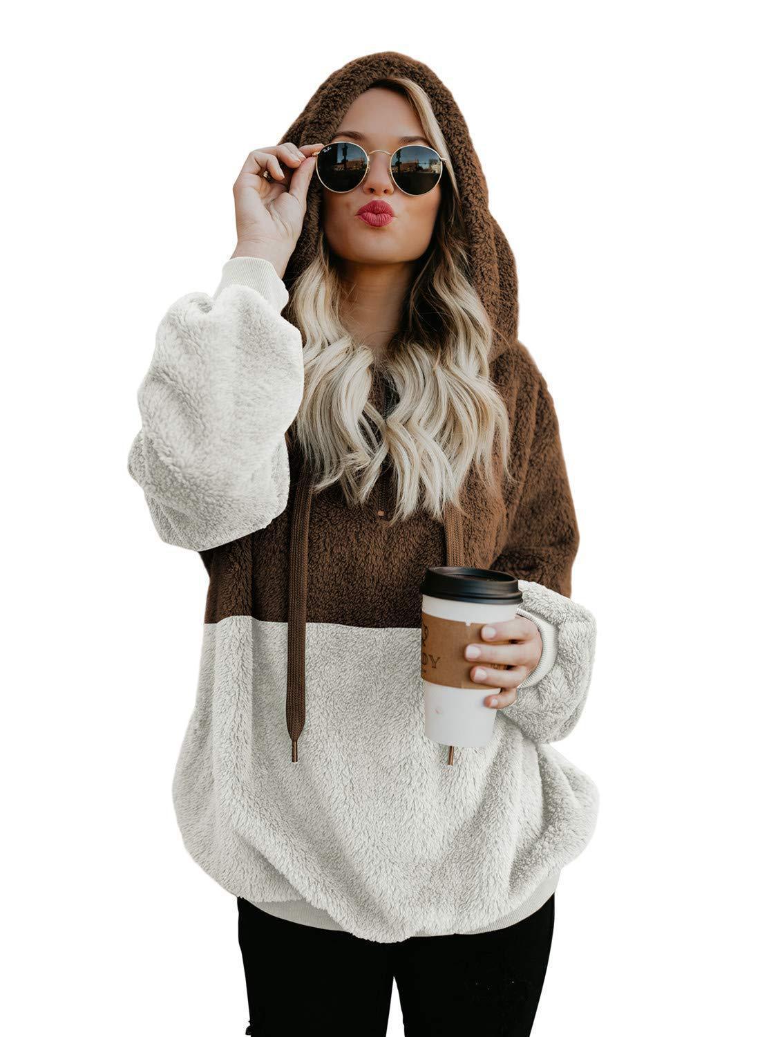 🤍 Women’s Plush Patchwork Hoodie – Cosy Zip-Up Winter Sweatshirt 🤍