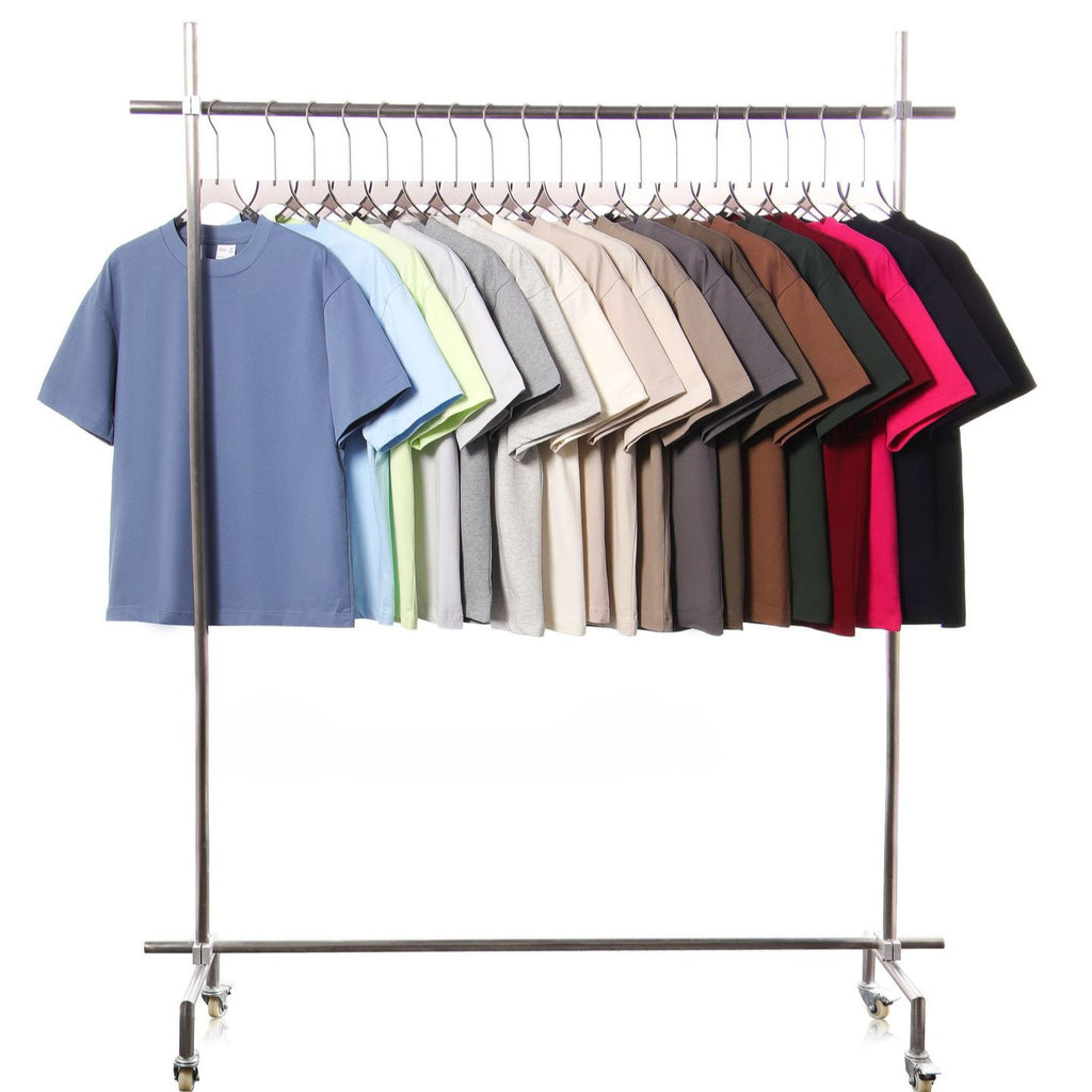 Mens Pure Cotton Solid-Color Drop Shoulder Crew Neck Shirt With Double Yarn