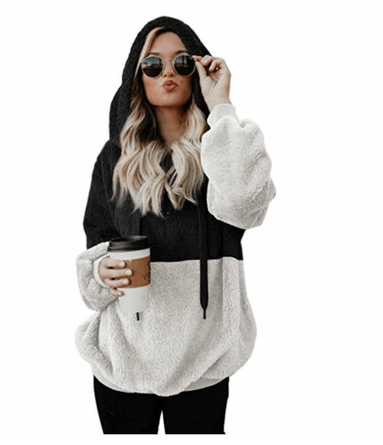 🤍 Women’s Plush Patchwork Hoodie – Cosy Zip-Up Winter Sweatshirt 🤍