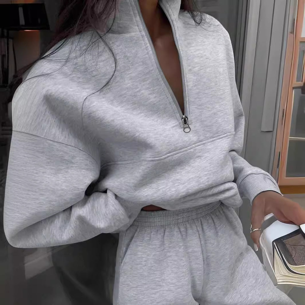 Long-sleeved Sports Sweatshirt And Elastic Band Trousers With Pocket