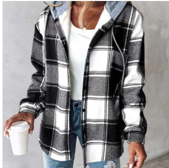 Plaid Hooded Jacket Fashion Casual Button Pocket Coat