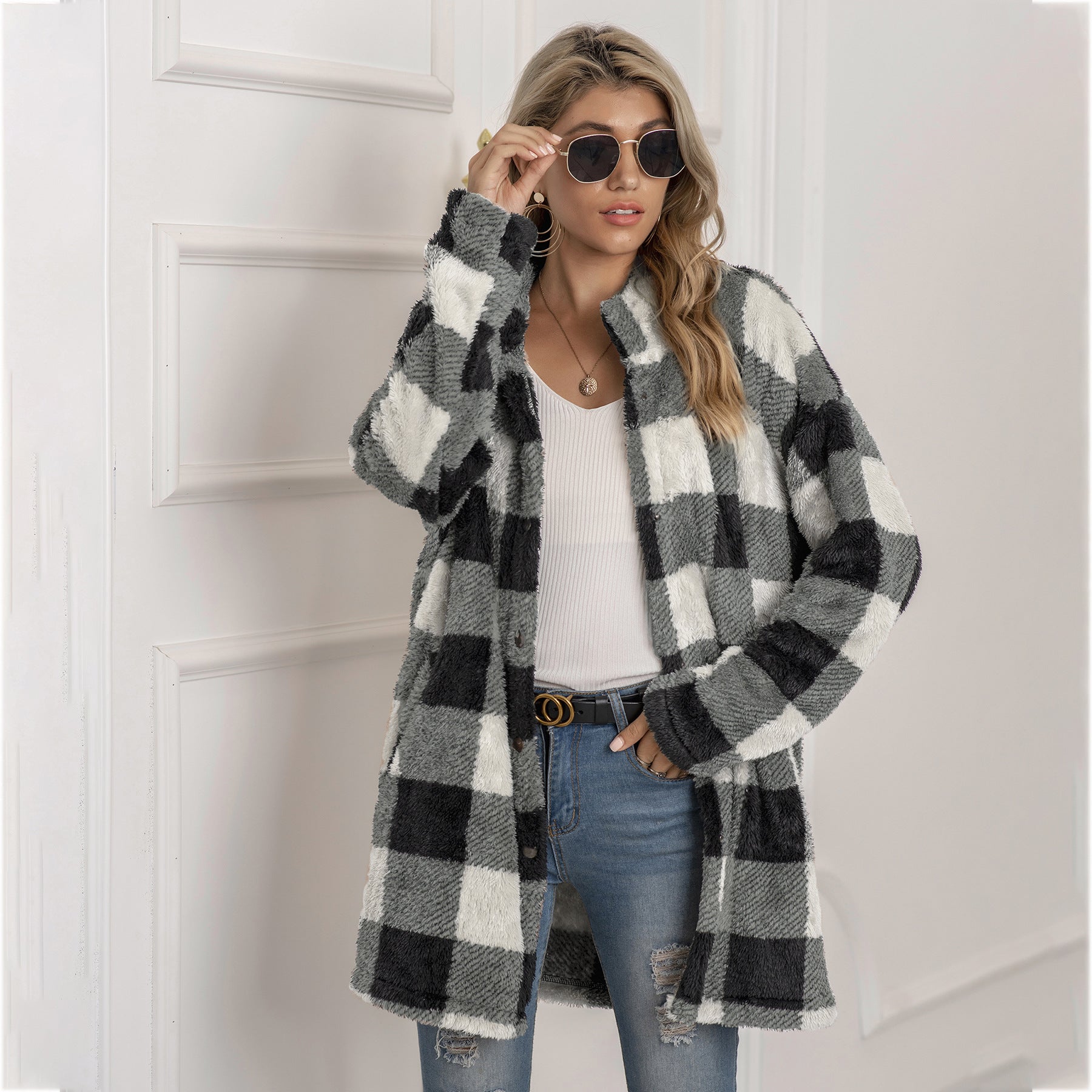 Colorblock Plaid Fleece Jacket