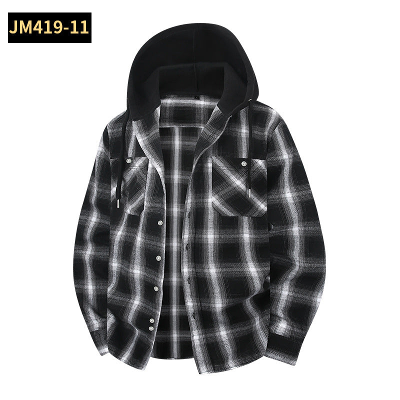 Men's Plaid Shirt Casual Hooded Jacket With Two Pockets