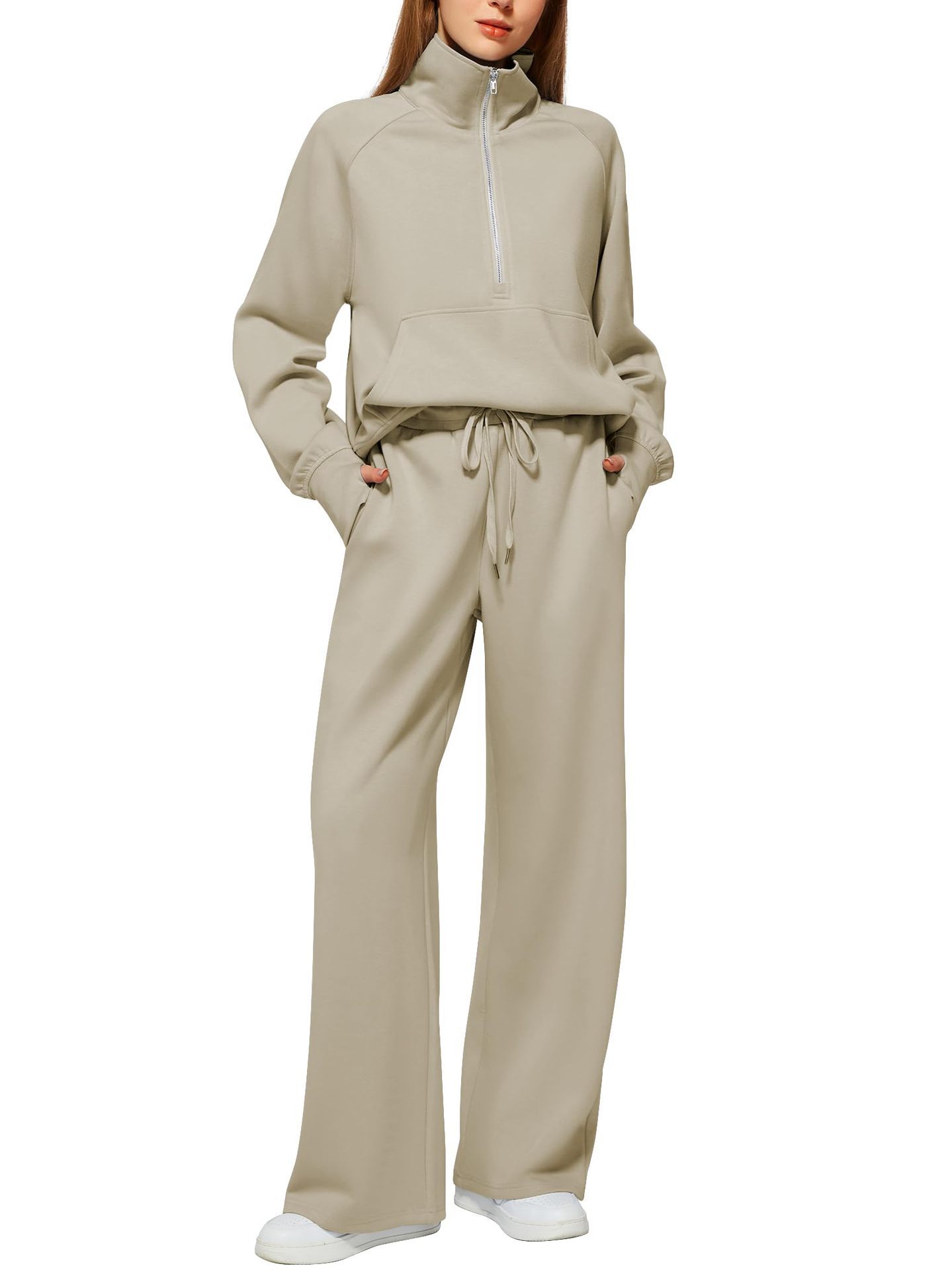 Woman Solid Color Half Zip Long Sleeve Sweatshirt And Wide Leg Pants