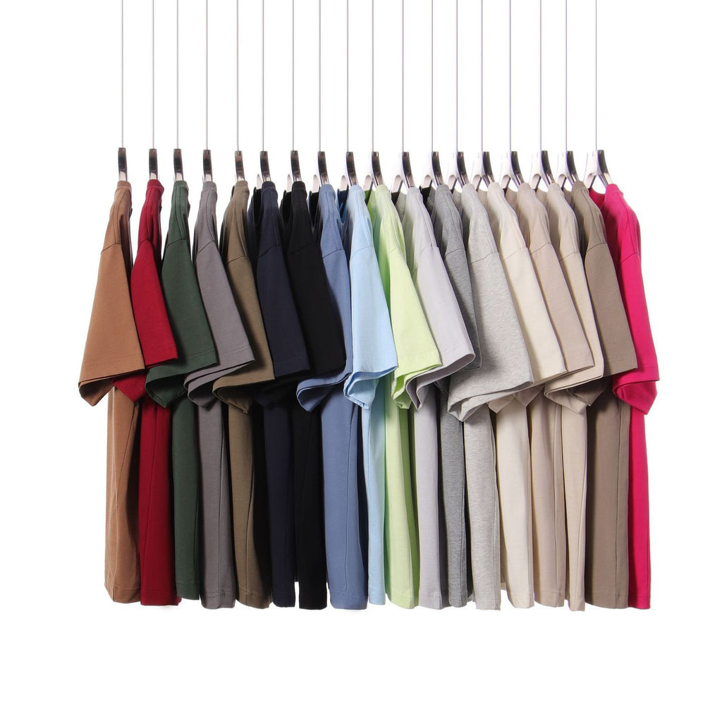 Mens Pure Cotton Solid-Color Drop Shoulder Crew Neck Shirt With Double Yarn