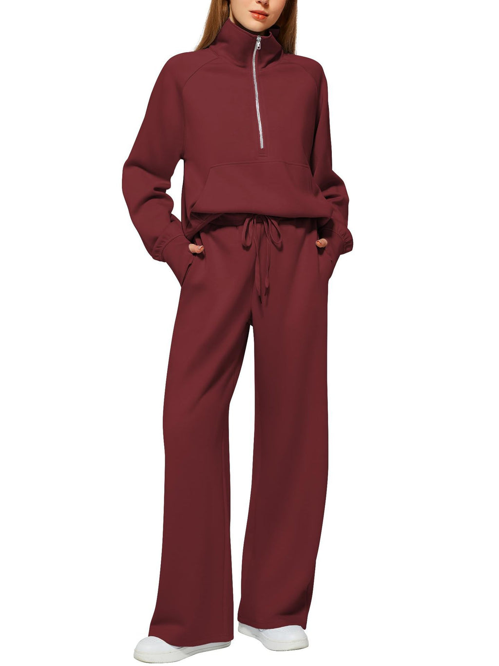 Half Zip Long Sleeve Sweatshirt And Wide Leg Pants