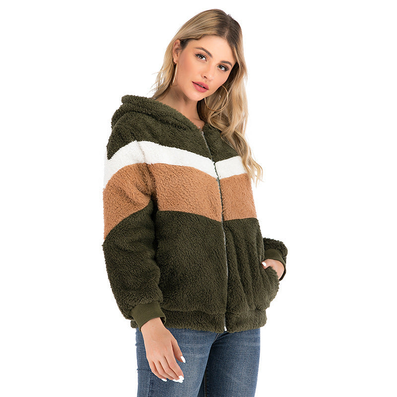 Women’s Teddy Fleece Jacket | Faux Fur Colour Block Hooded Coat
