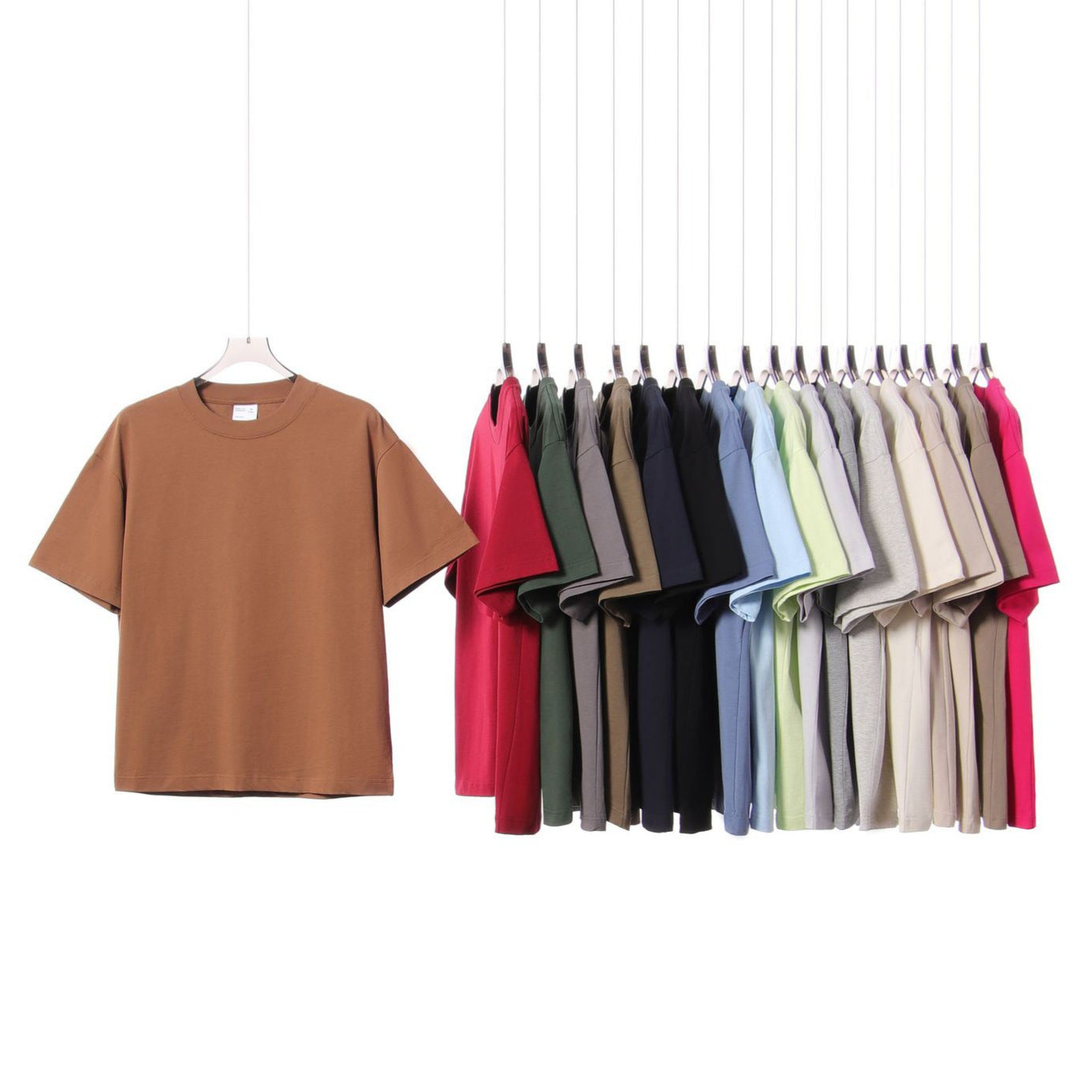 Mens Pure Cotton Solid-Color Drop Shoulder Crew Neck Shirt With Double Yarn