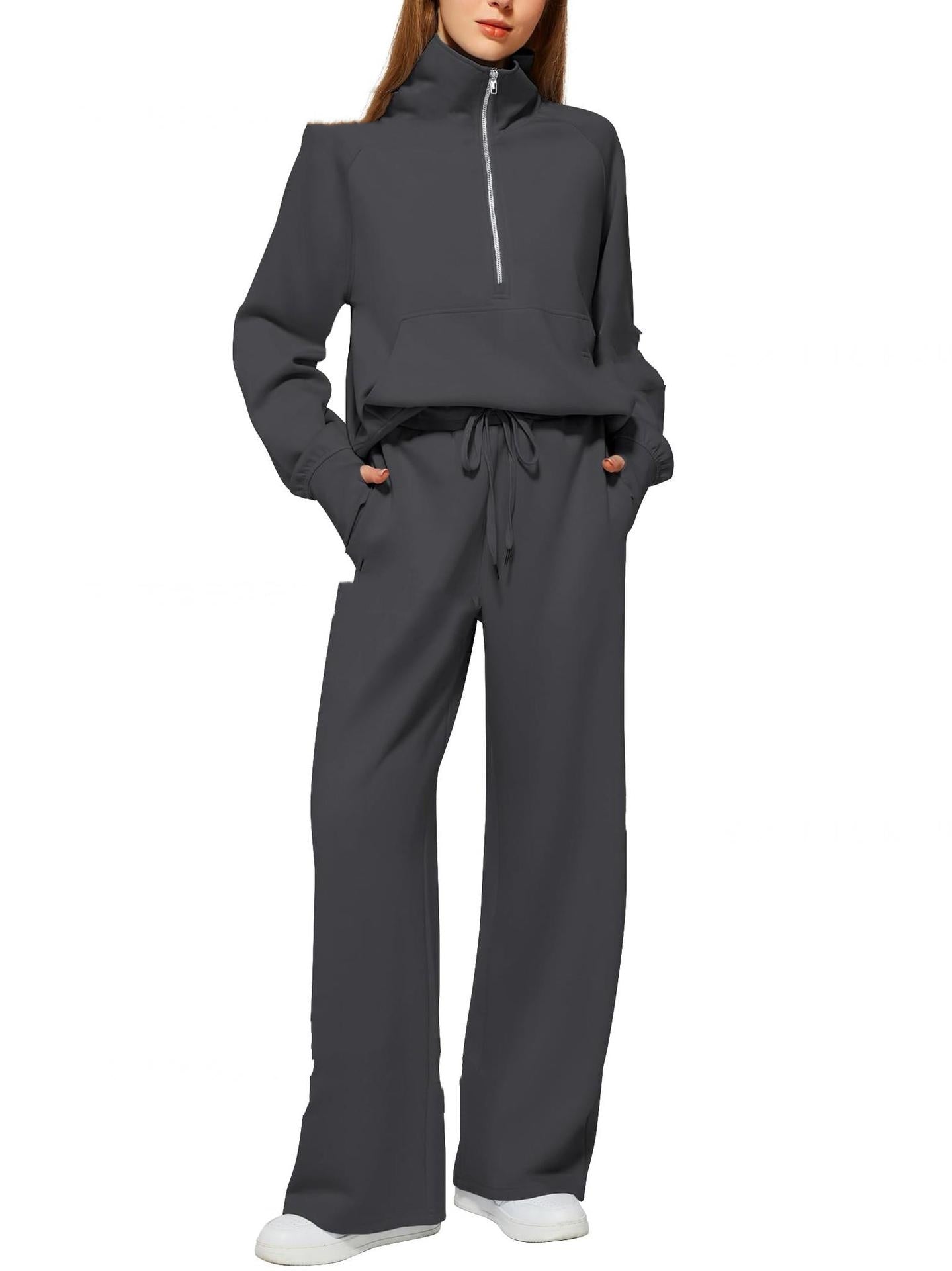 Half Zip Long Sleeve Sweatshirt And Wide Leg Pants