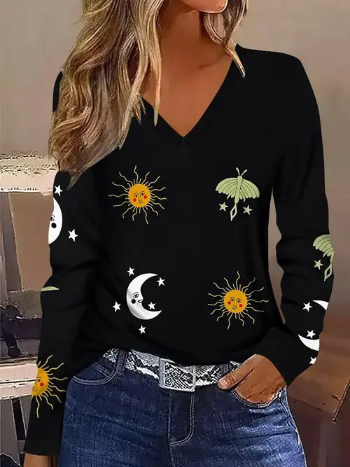 Women’s Stylish Printed V-Neck Long Sleeve Top | Casual Fashion Blouse