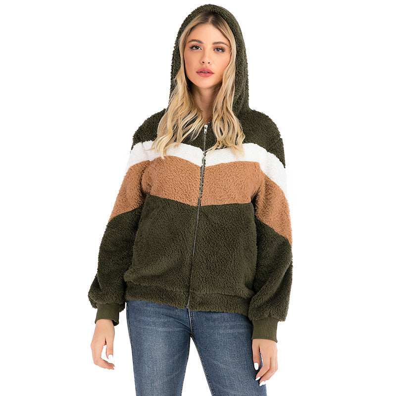 Women’s Teddy Fleece Jacket | Faux Fur Colour Block Hooded Coat