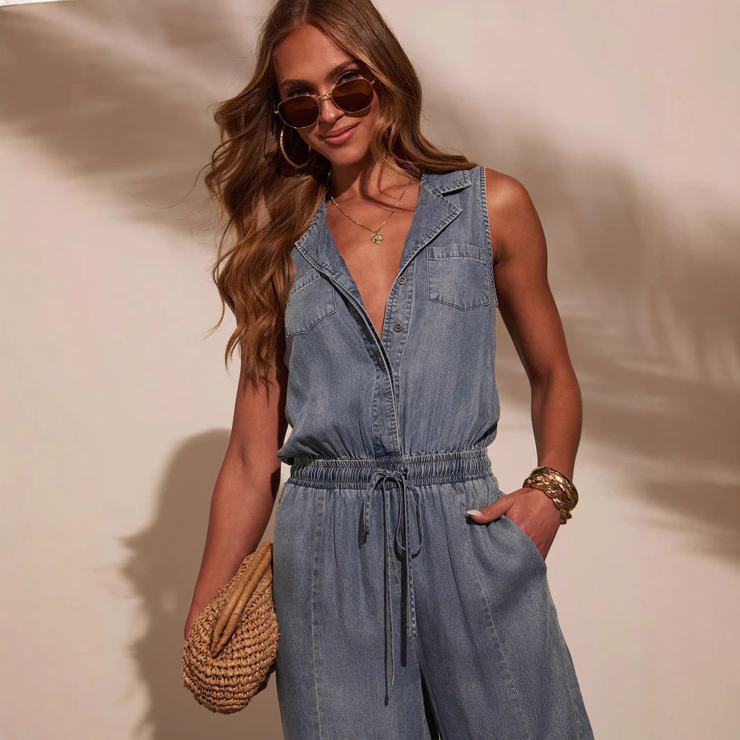 Womens Casual Washed Lightweight Denim Jumpsuit
