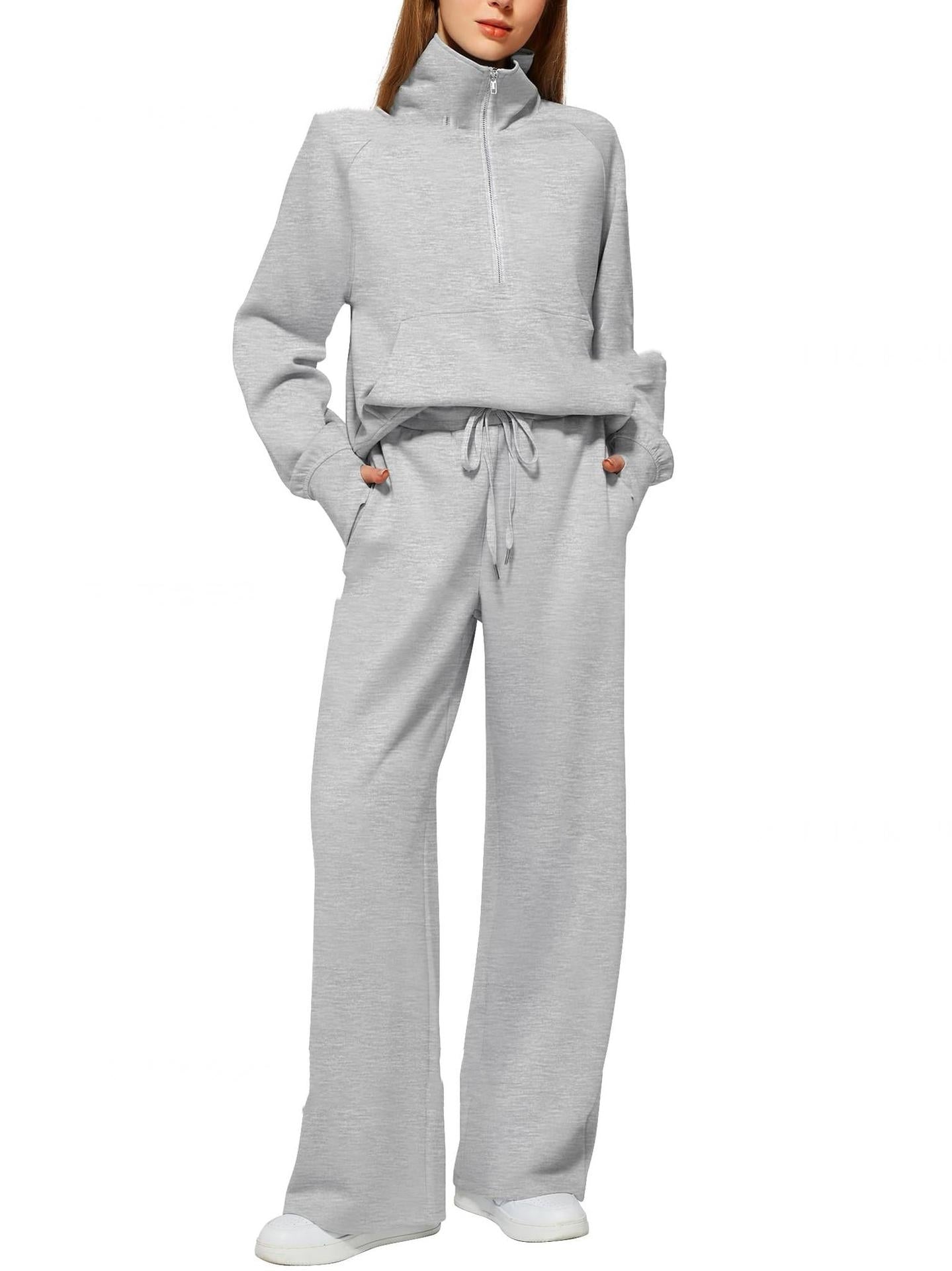 Half Zip Long Sleeve Sweatshirt And Wide Leg Pants