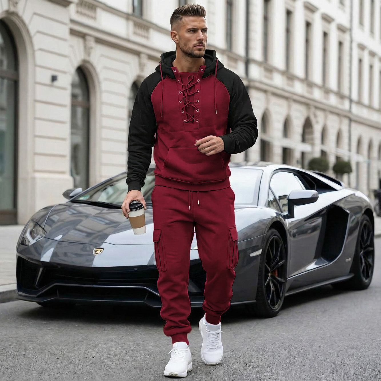 Men’s Fleece-Lined 2-Piece Hoodie & Cargo Jogger Set (Raglan Sleeves, Multi Pockets)