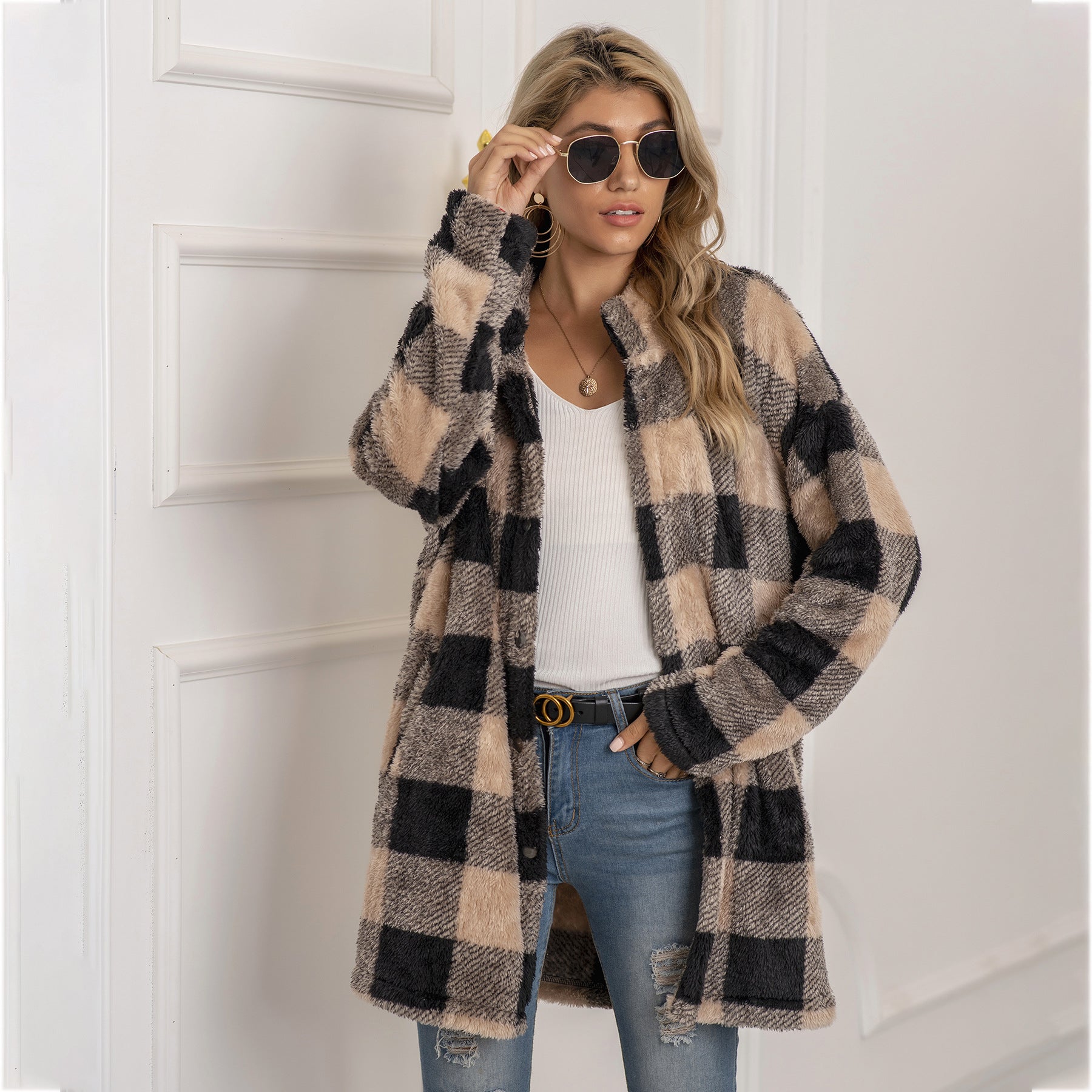 Colorblock Plaid Fleece Jacket