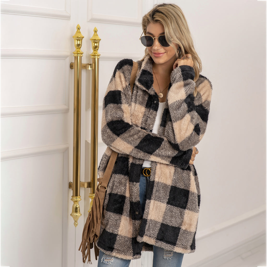 Colorblock Plaid Fleece Jacket