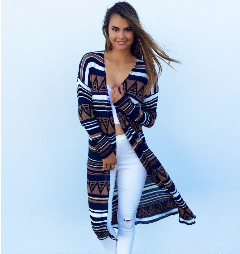 Women’s Longline Cardigan Coat | Boho Stripe Open Front Duster