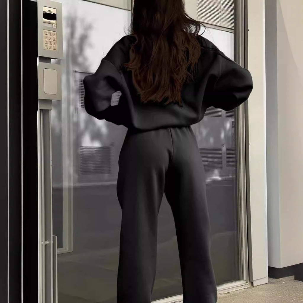 Long-sleeved Sports Sweatshirt And Elastic Band Trousers With Pocket