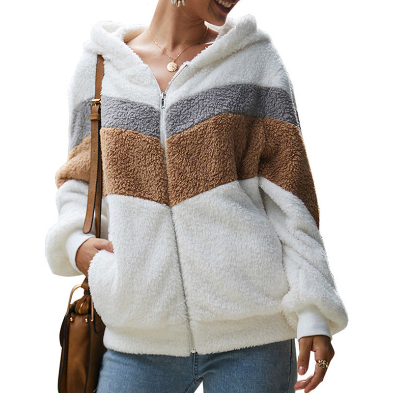 Women’s Teddy Fleece Jacket | Faux Fur Colour Block Hooded Coat