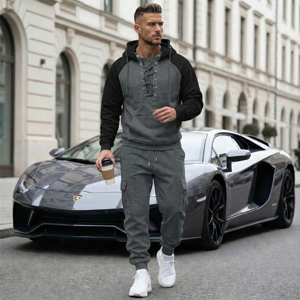 Men’s Fleece-Lined 2-Piece Hoodie & Cargo Jogger Set (Raglan Sleeves, Multi Pockets)