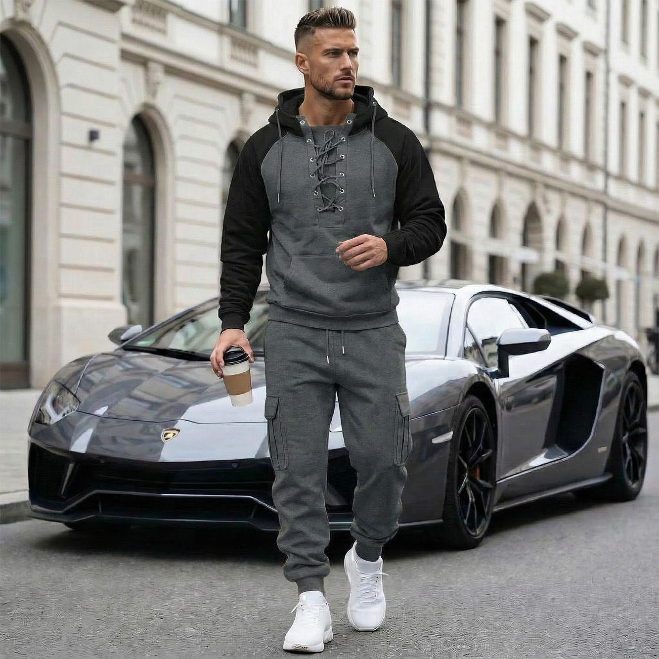 Men’s Fleece-Lined 2-Piece Hoodie & Cargo Jogger Set (Raglan Sleeves, Multi Pockets)