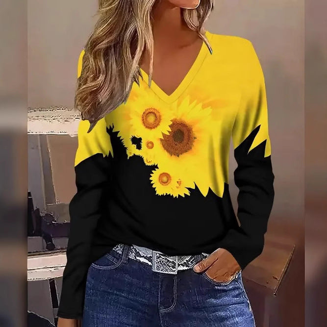Women’s Stylish Printed V-Neck Long Sleeve Top | Casual Fashion Blouse