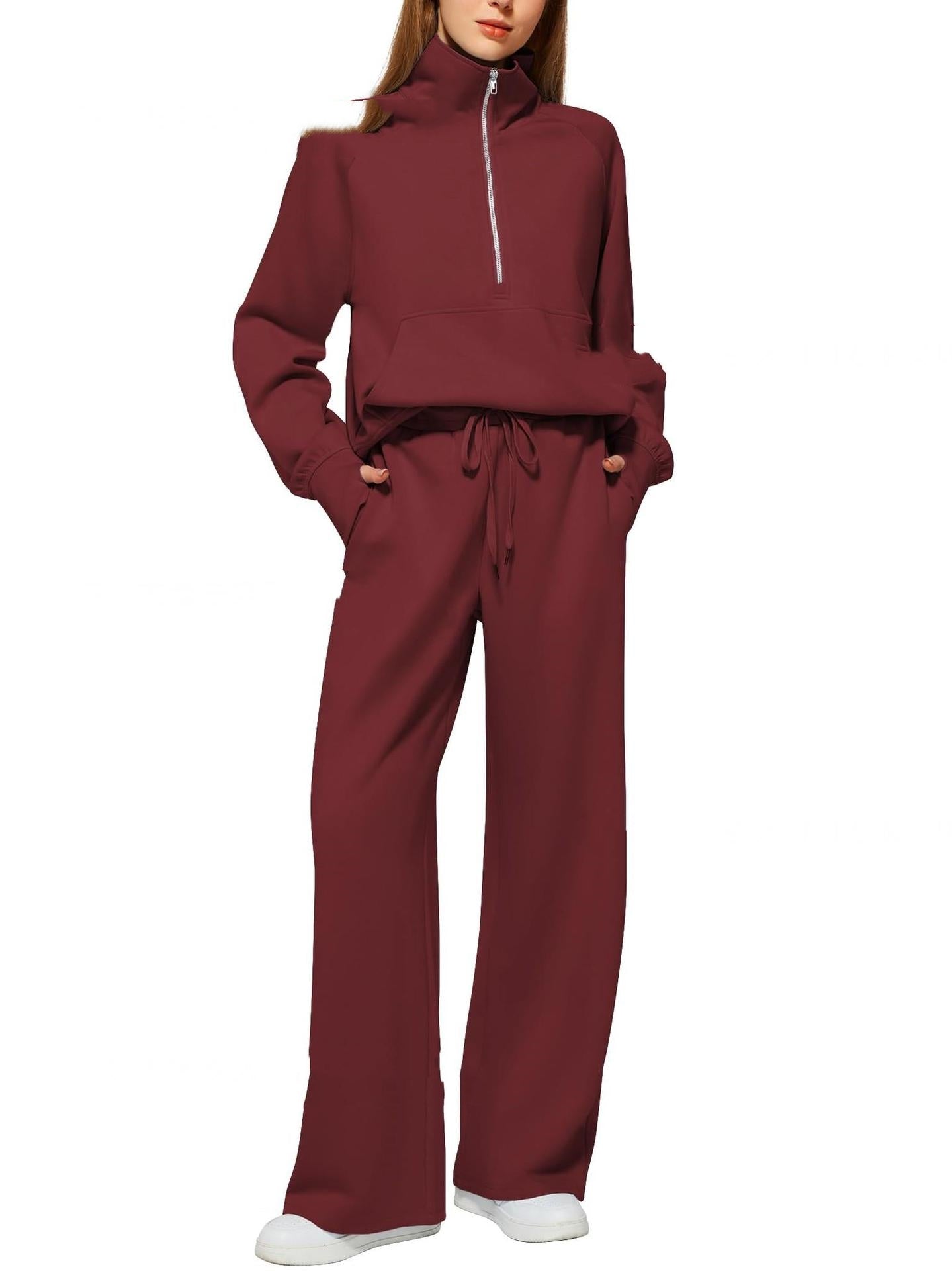 Woman Solid Color Half Zip Long Sleeve Sweatshirt And Wide Leg Pants