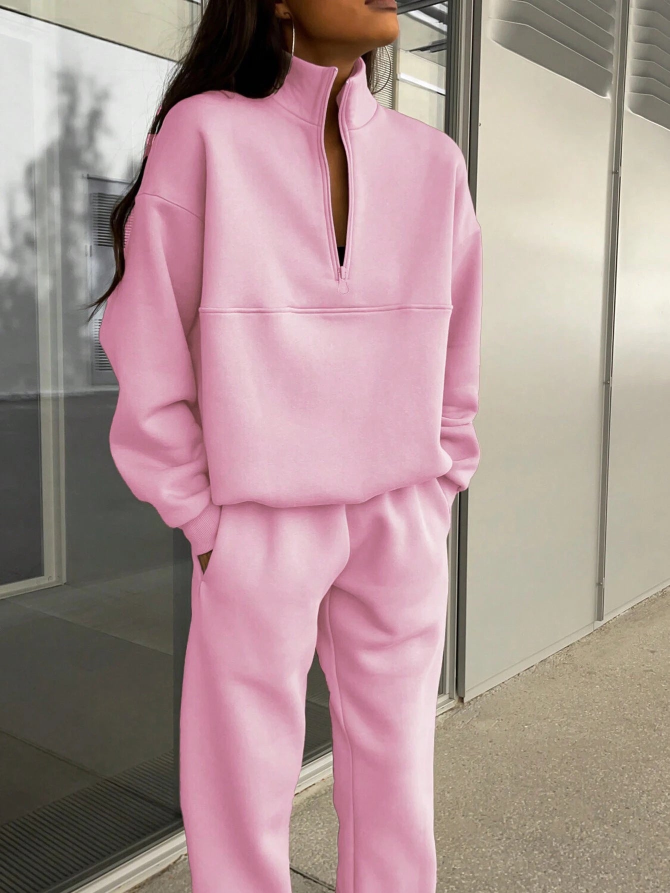 Long-sleeved Sports Sweatshirt And Elastic Band Trousers With Pocket