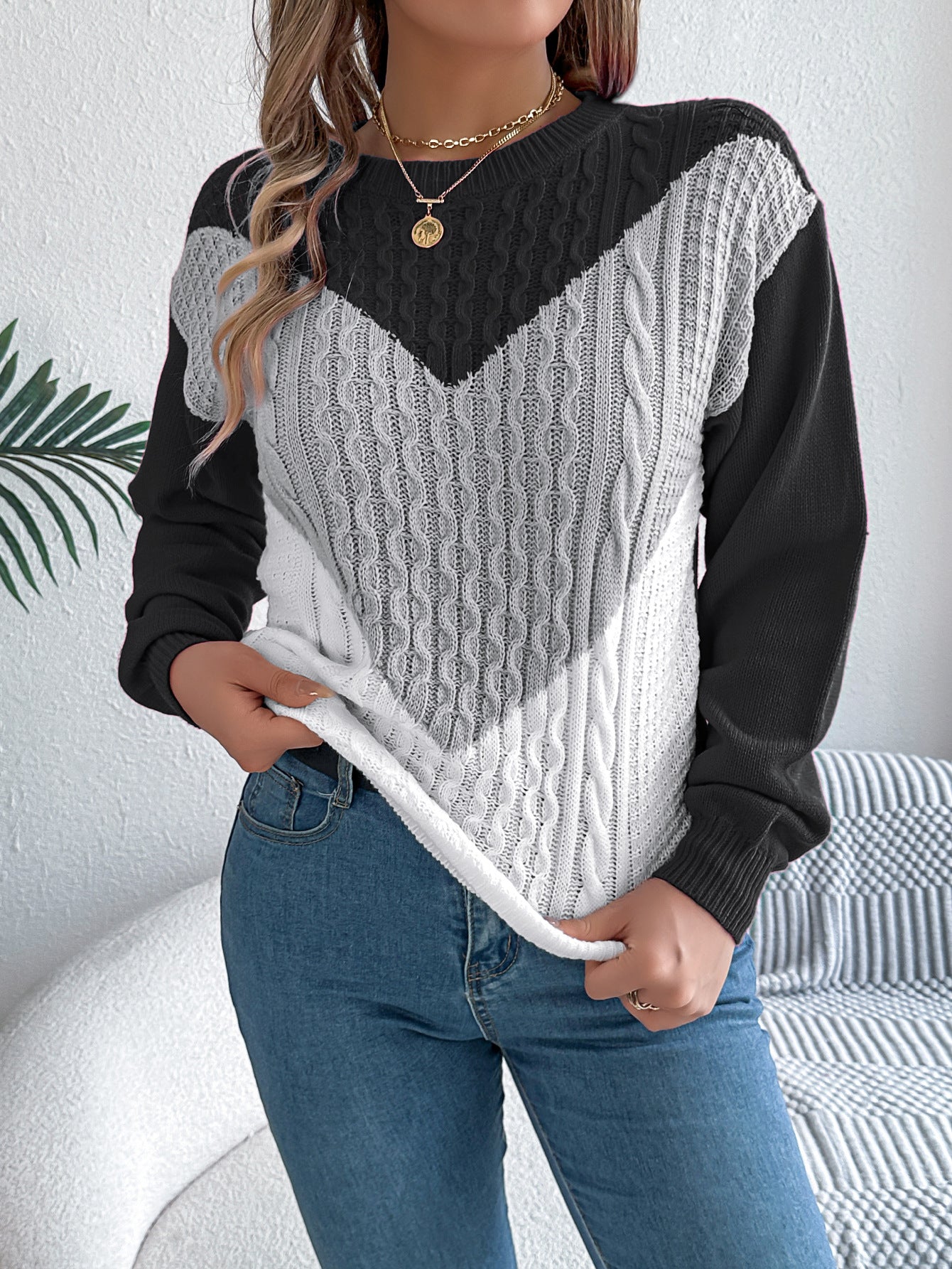 Color Matching Twist Lantern Sleeve Pullover Sweaters