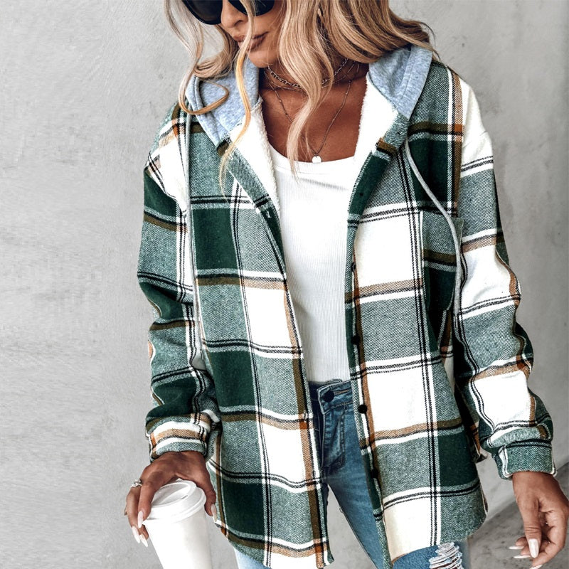 Plaid Hooded Jacket Fashion Casual Button Pocket Coat