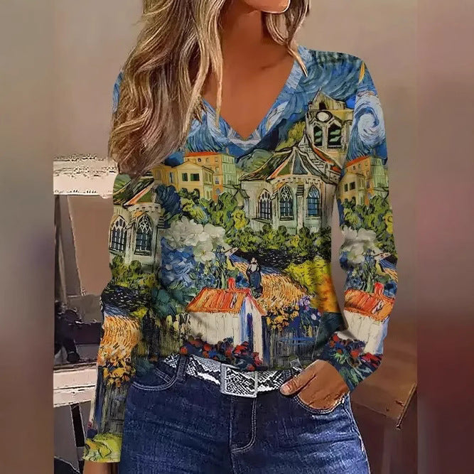 Women’s Stylish Printed V-Neck Long Sleeve Top | Casual Fashion Blouse