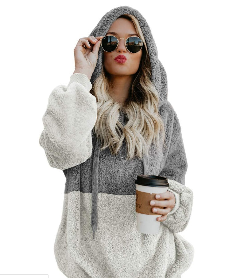 🤍 Women’s Plush Patchwork Hoodie – Cosy Zip-Up Winter Sweatshirt 🤍