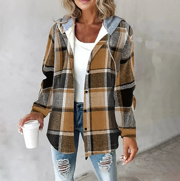 Plaid Hooded Jacket Fashion Casual Button Pocket Coat