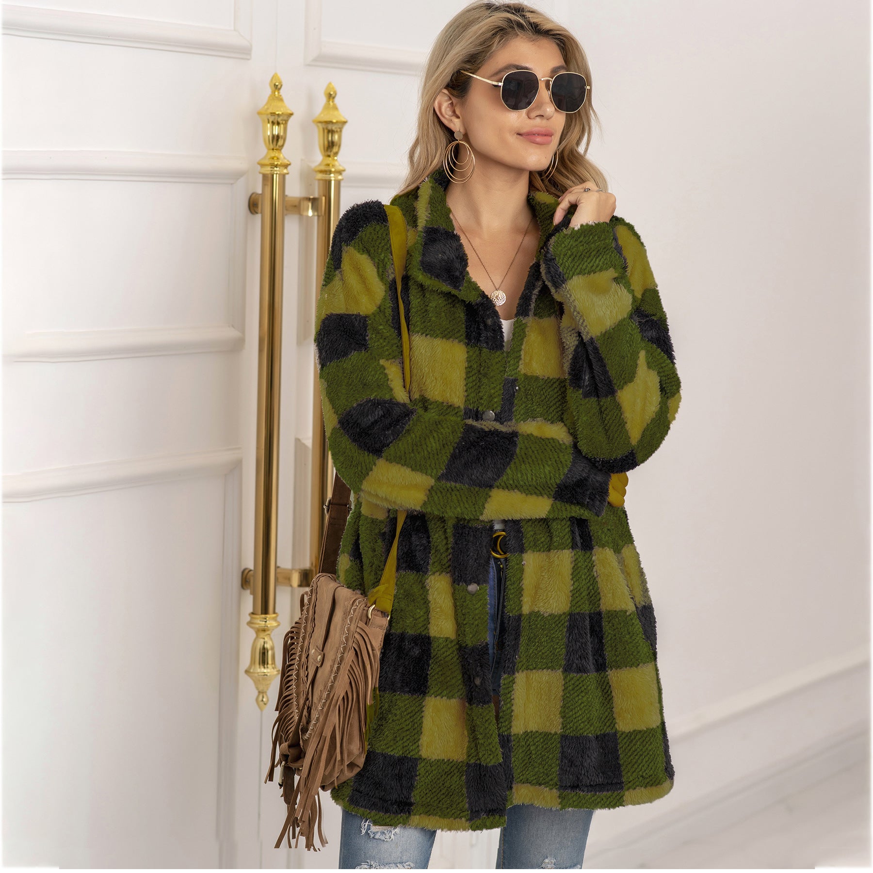 Colorblock Plaid Fleece Jacket