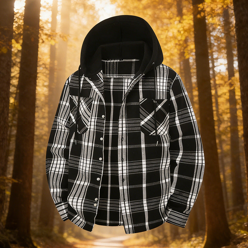 Men's Plaid Shirt Casual Hooded Jacket With Two Pockets