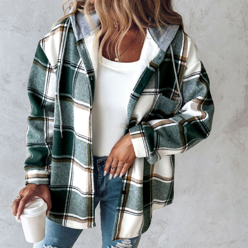 Plaid Hooded Jacket Fashion Casual Button Pocket Coat