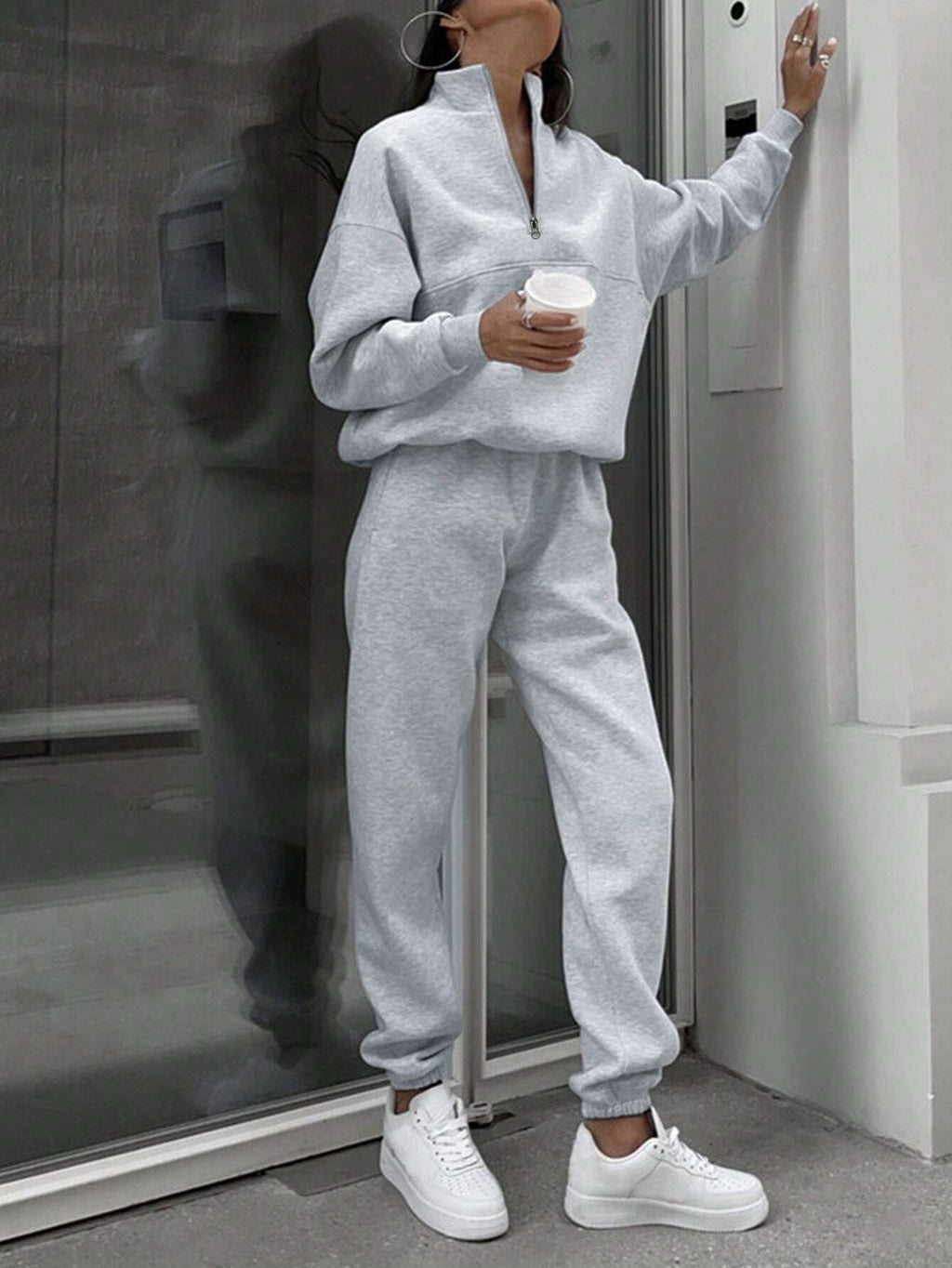 Long-sleeved Sports Sweatshirt And Elastic Band Trousers With Pocket