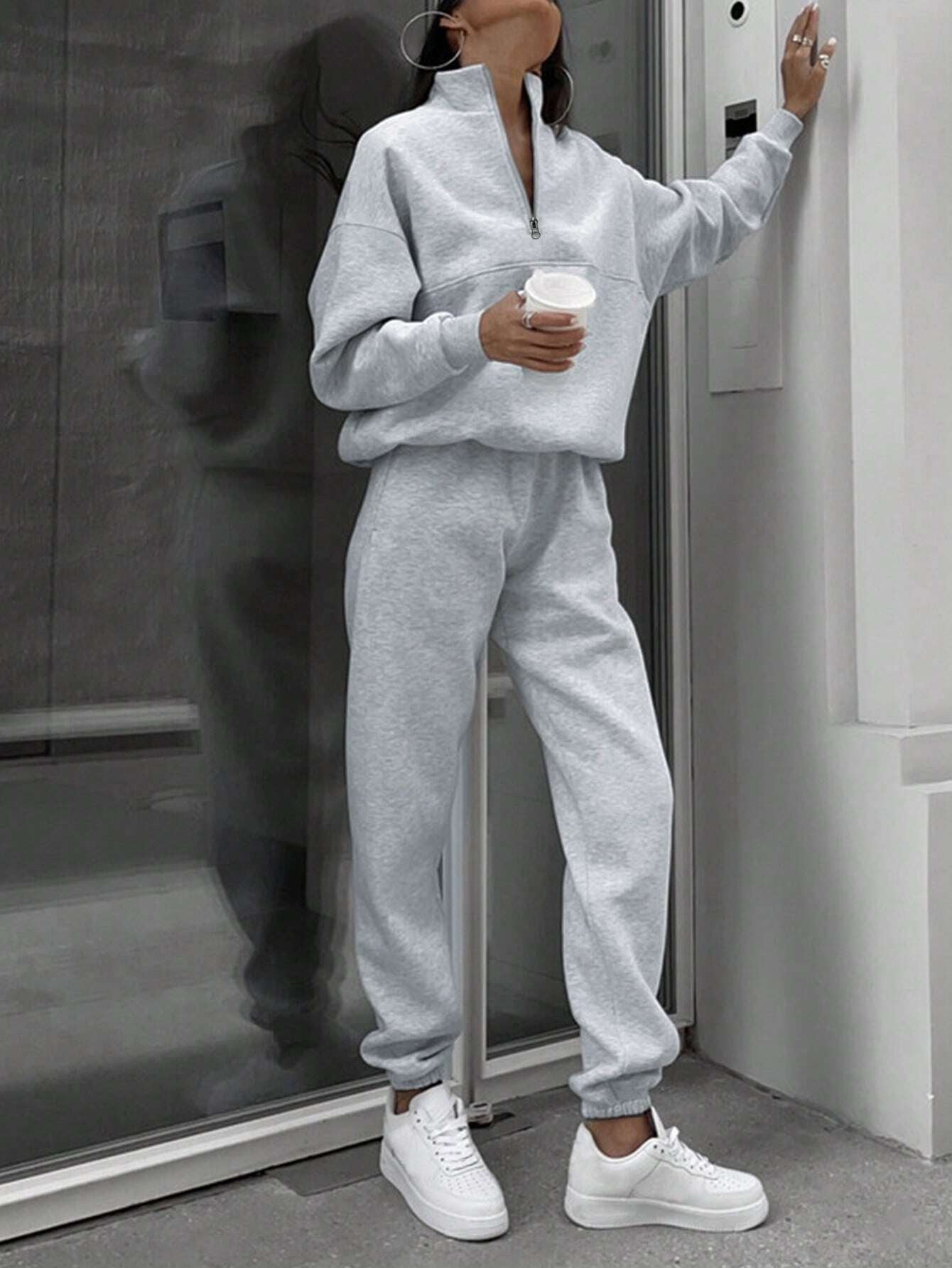 Long-sleeved Sports Sweatshirt And Elastic Band Trousers With Pocket