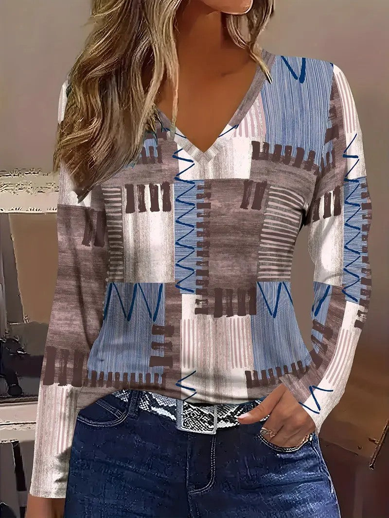Women’s Stylish Printed V-Neck Long Sleeve Top | Casual Fashion Blouse