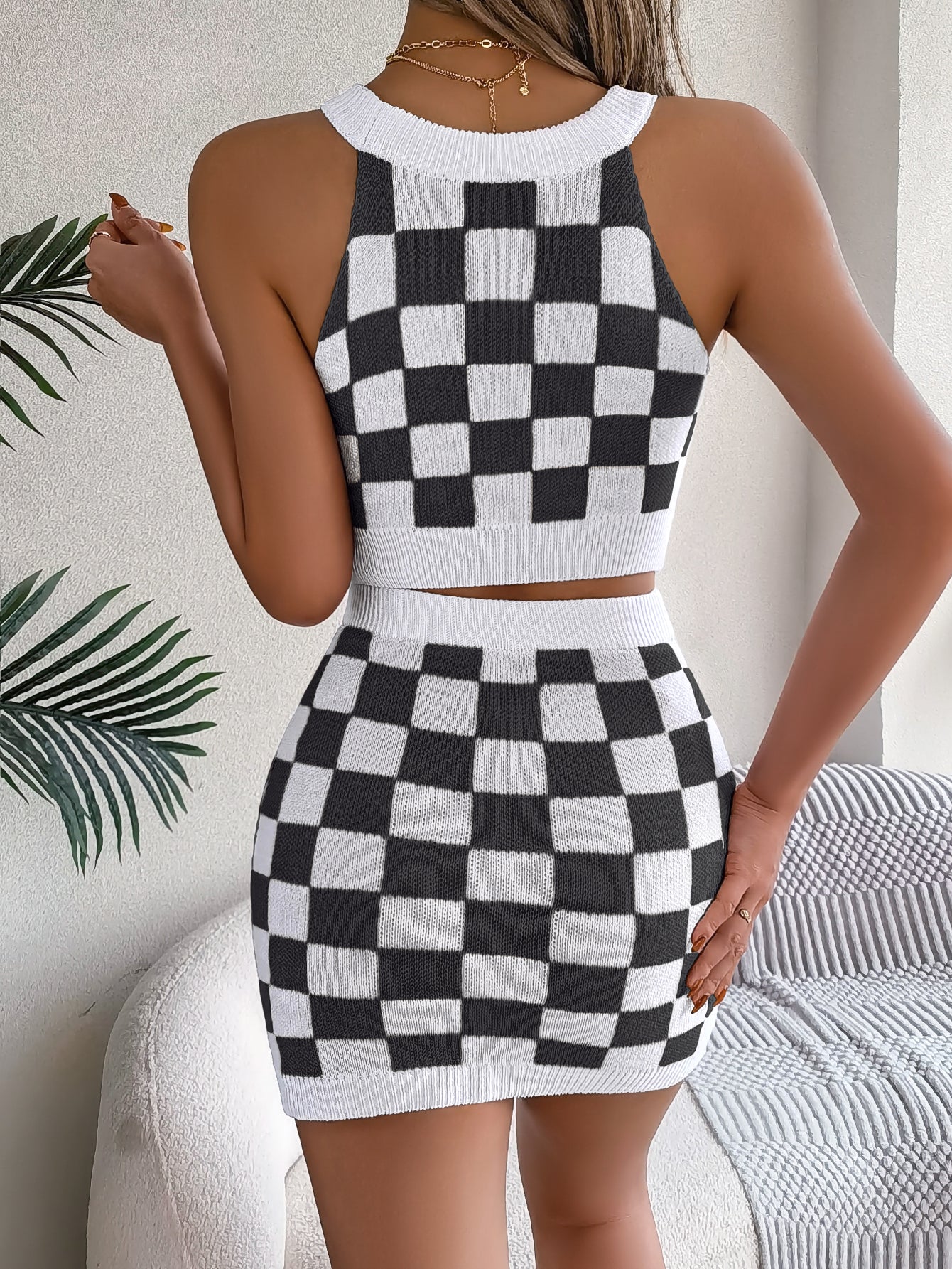 Women   Color Block Plaid Cropped Top & Bodycon Skirt Knit Set