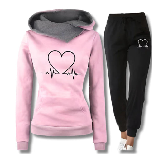 Women’s Heartbeat Hoodie Tracksuit Set 💖 | Autumn Pullover & Black Joggers