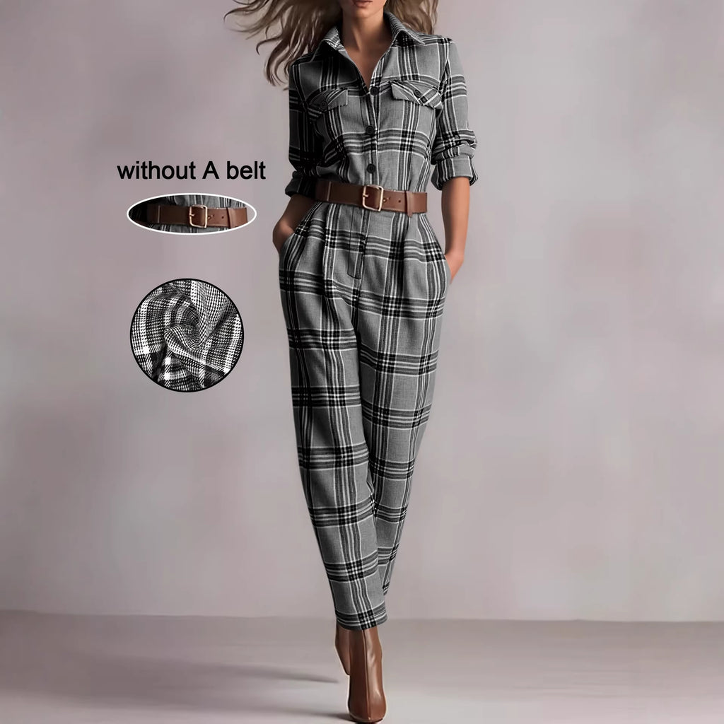 Retro Plaid High-Waisted Jumpsuit And Pockets For Women