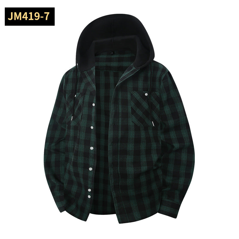 Men's Plaid Shirt Casual Hooded Jacket With Two Pockets