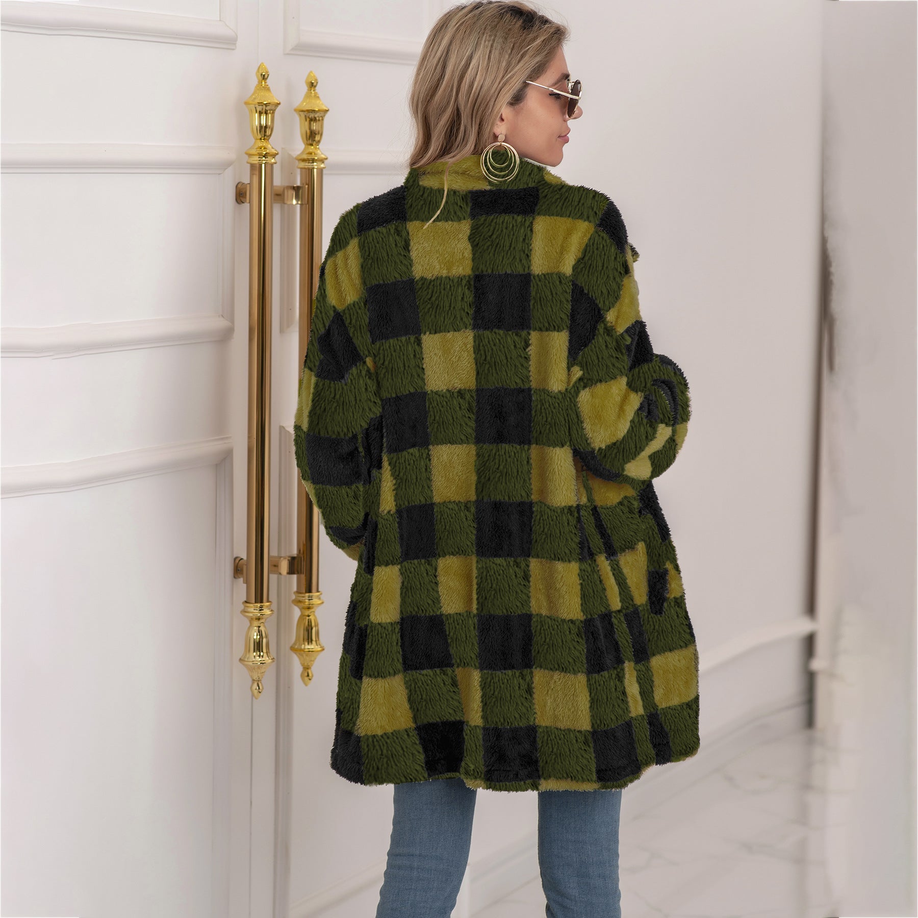 Colorblock Plaid Fleece Jacket