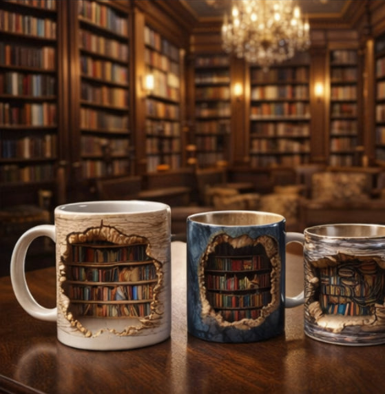 3D Book Shelf Ceramic Mugs