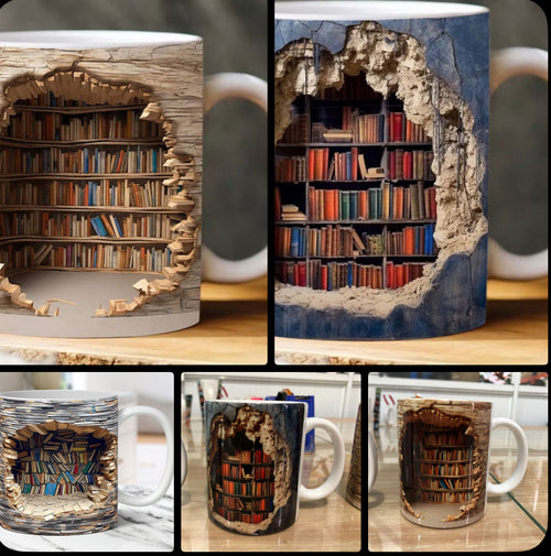 3D Book Shelf Ceramic Mugs