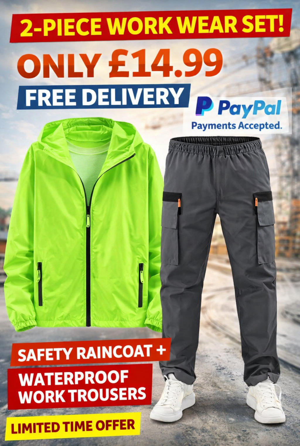 Work Wear 2-Piece Set – Safety Raincoat & Trousers Only £14.99 | Free UK Delivery