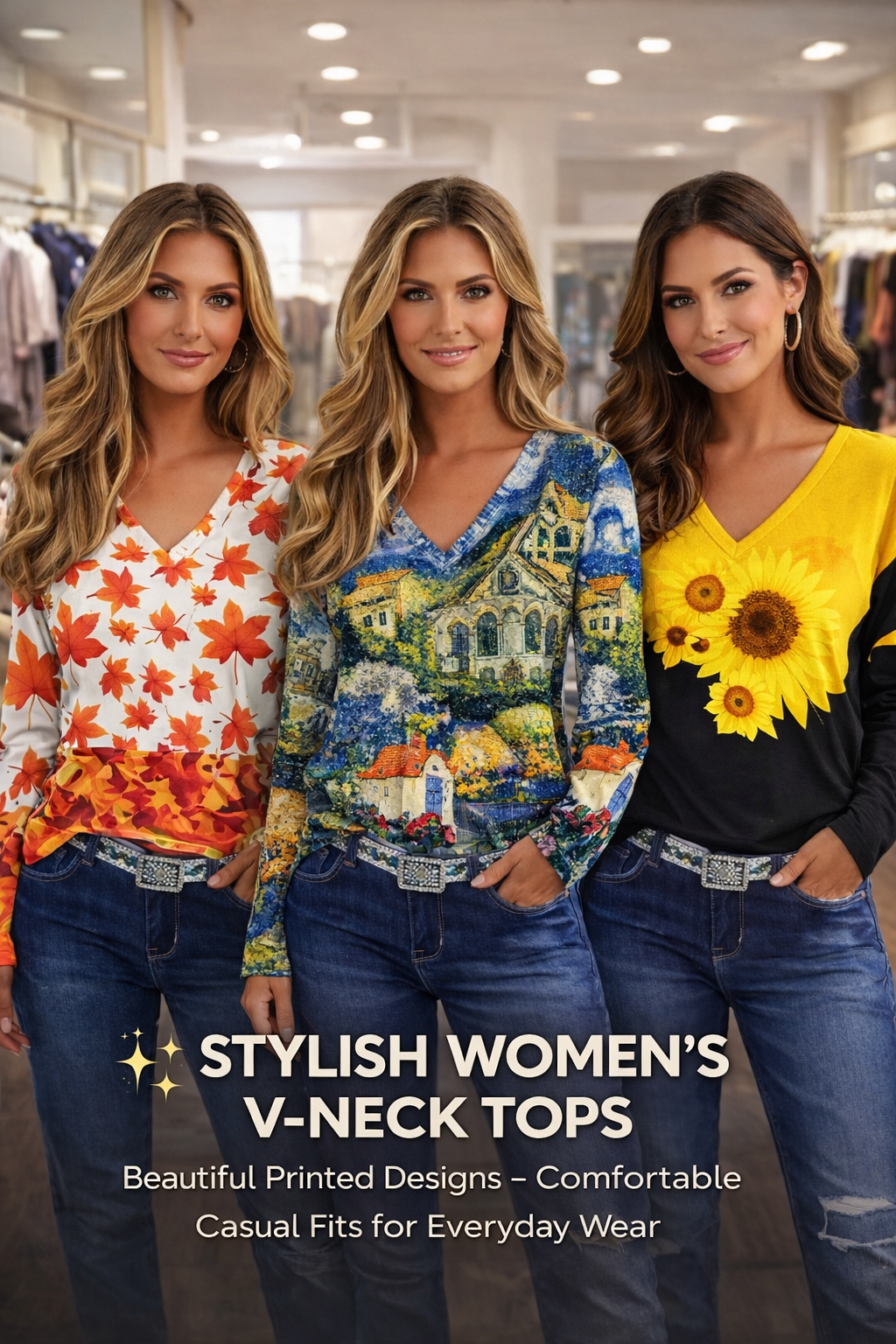 Women’s Stylish Printed V-Neck Long Sleeve Top | Casual Fashion Blouse