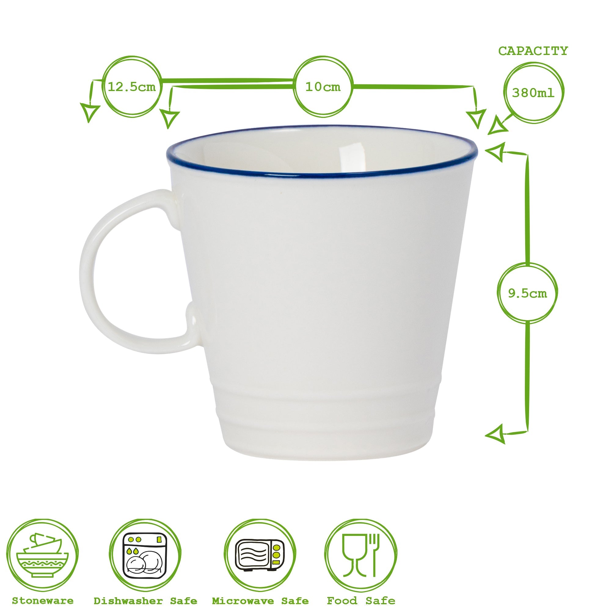 380ml Farmhouse White Porcelain Coffee Mugs - Pack of Six
